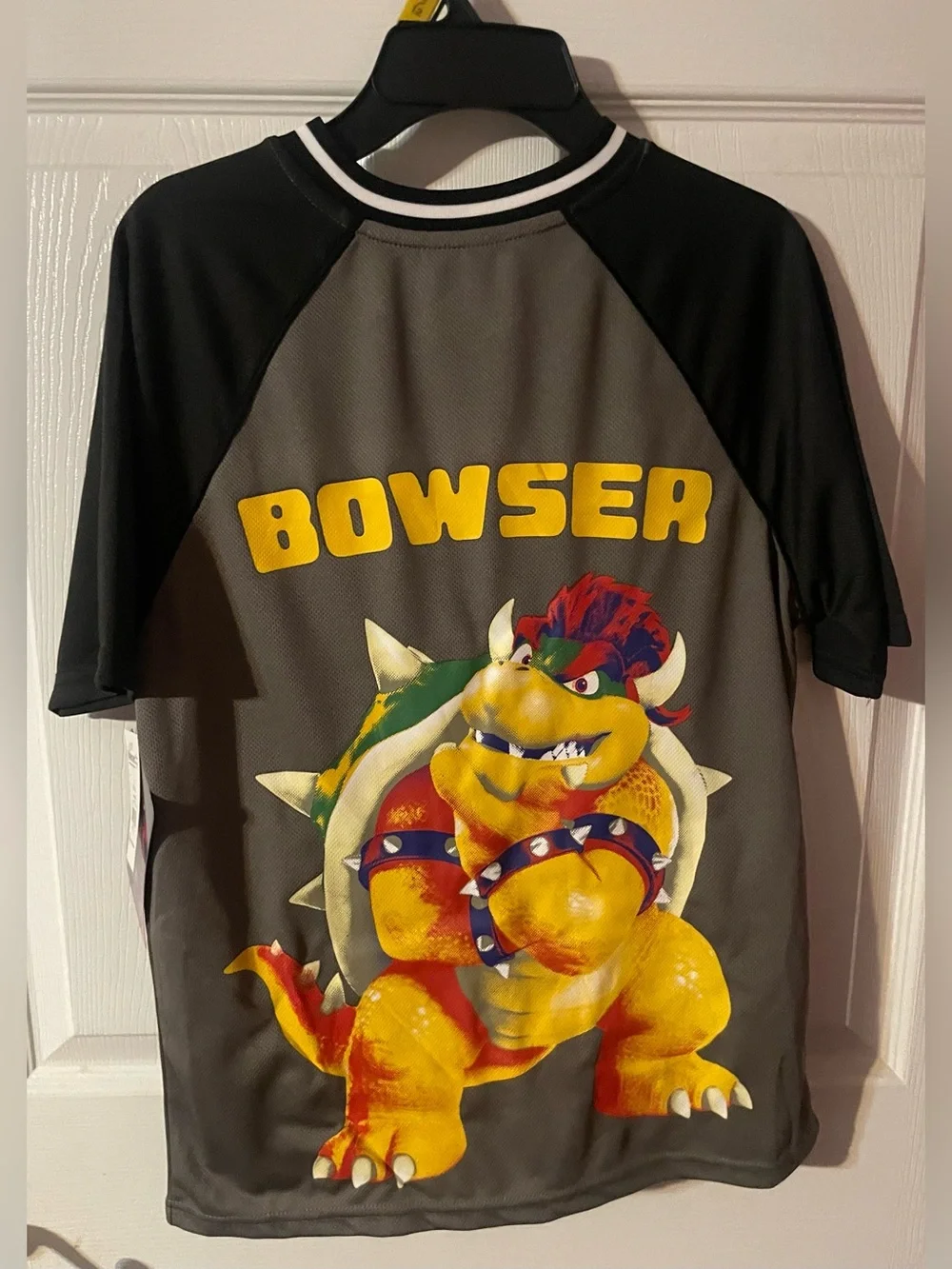 NWT Super Mario Bowser Soccer Jersey Boy Large 10/12 Gray Black Mesh Graphic Tee